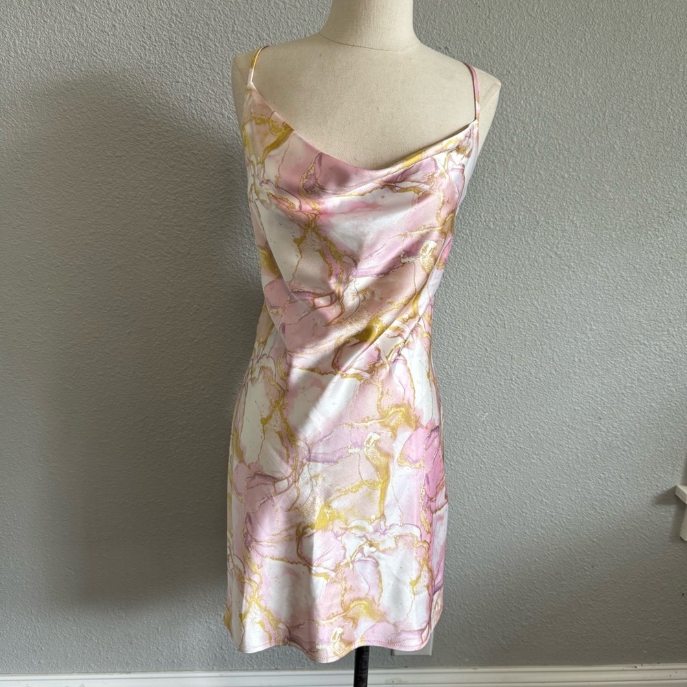 Pink & Gold Marble Satin‎ Slip Dress Size Medium NWT cowl neck